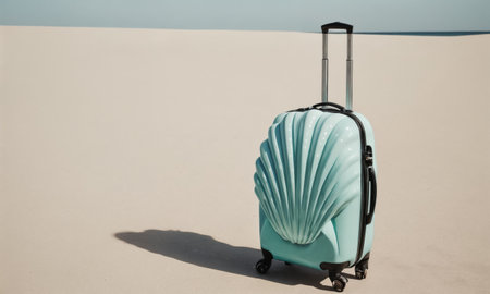 white shell-shaped suitcase is on the sand of a beach. The ocean is visible in the background.の素材