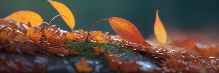 close-up of a single maple leaf with a soft focus background. The leaf appears to be freshly fallen, exhibiting a vibrant orange color with hints of green and a slight shine. The background is a blurの素材