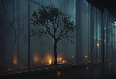 serene night scene featuring a small tree with glowing lights, set against a backdrop of a reflective glass wall.の素材