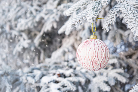 Christmas decoration hanging on a snowy fir tree branch. Winter background.の写真素材