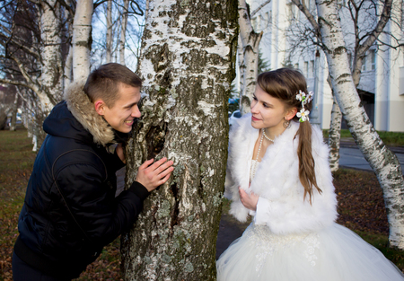 The bride and groom in the alley.の写真素材