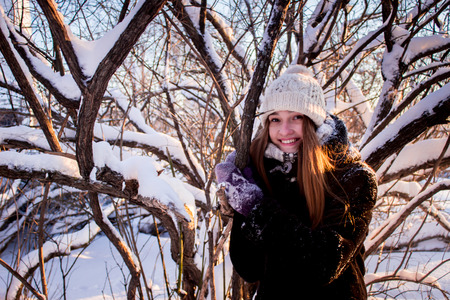 Beautiful girl smiling, Sunny frosty morning, North, Arkhangelskの写真素材