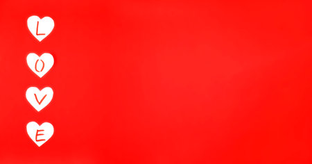 Banner for Valentine's Day. "Love" is made of white hearts on a red background. Flat layの写真素材