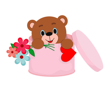 Cute teddy bear in a box with flowers.のイラスト素材