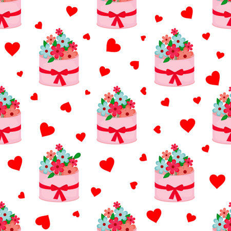Vector seamless pattern. Basket with flowers. Heart Holiday.のイラスト素材