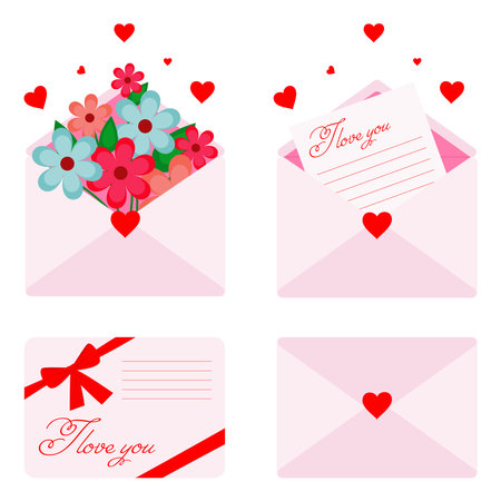 Vector illustration. Collection of postal envelopes. Happy valentines day greetings. Presentのイラスト素材