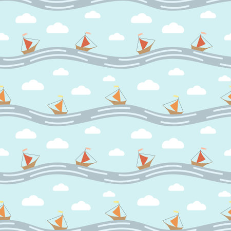 Vector seamless pattern. Boats on the waves.のイラスト素材