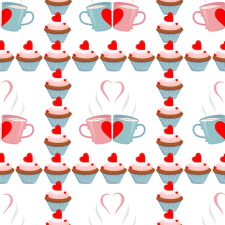 Vector seamless pattern. Cupcake. Love. Mugs with coffee.のイラスト素材