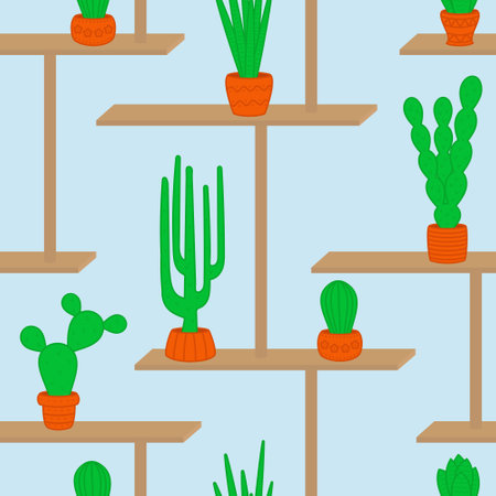 Vector seamless pattern. Cacti on the shelvesのイラスト素材