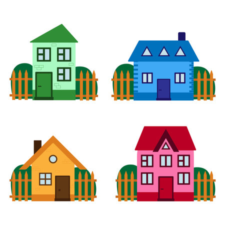 Vector illustration. A collection of cute multicolored houses in a flat styleのイラスト素材