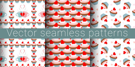 Collection of vector seamless patterns. Cupcake with a heart.のイラスト素材