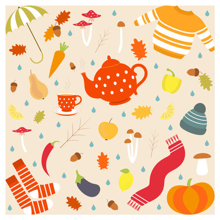 A cool collection of autumn icons. Clothes, mushrooms, fruits, vegetablesのイラスト素材