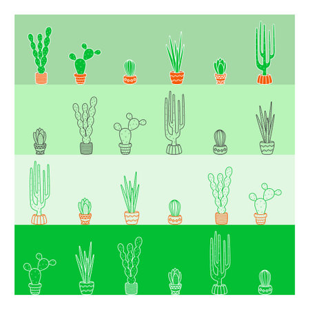 Vector illustration. Collection of cacti in flat style. Line art, Icon.のイラスト素材
