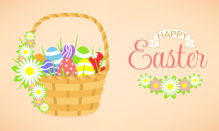Happy easter day banner design. basket with Easter eggs and flowers.のイラスト素材