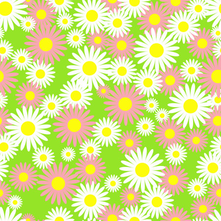 Vector seamless pattern. White and pink flowers on a green background. Spring and summer patternのイラスト素材