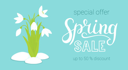 Vector illustration. Spring sale - designer hand lettering. Special offer discounts up to 50 percent. The inscription on a blue background with snowdrops. Gift card.のイラスト素材
