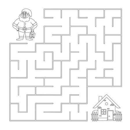 Vector illustration. Childrens puzzle-maze. Black and white illustration. Coloring book. Help the dwarf find his way home.のイラスト素材