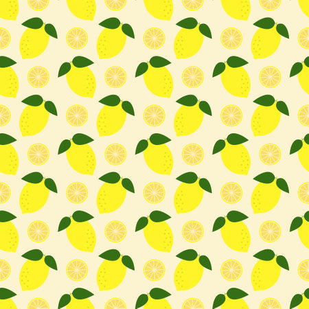 Vector seamless pattern with whole lemons and slices in staggered orderのイラスト素材