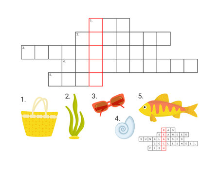 Vector illustration. Educational game for kids. Crossword puzzle. Summer, beach.のイラスト素材