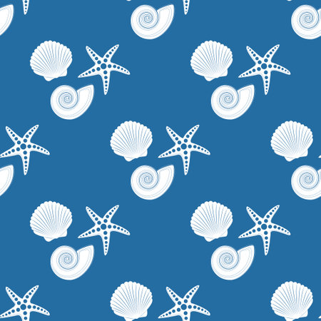 Vector seamless pattern on a blue background. Seashells and a starfish in the cartoon style. Summer, beach.のイラスト素材