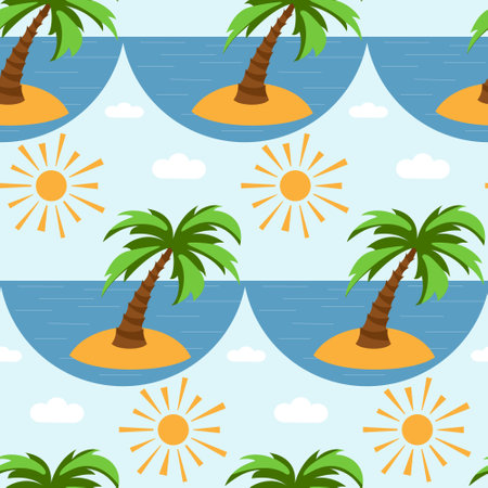 Vector seamless pattern with palm tree, sea and sun. Summer pattern in a flat style. Summer print.のイラスト素材