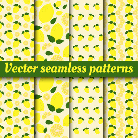 A collection of vector seamless patterns. Background of fresh lemons. Colorful wallpaper vector. Seamless pattern with a collection of fresh fruits. Decorative illustration suitable for printing.のイラスト素材