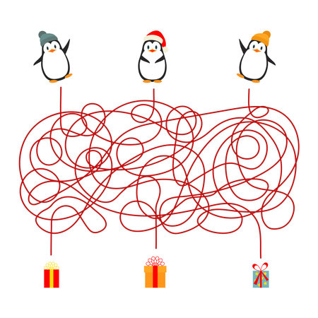 Christmas childrens game maze maze or quiz for winter holidays, vector worksheet. Cartoon penguin animals in winter hats to find the way to Christmas gifts in a puzzle game.のイラスト素材