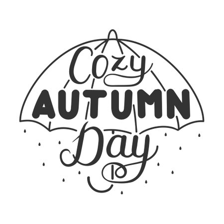Vector illustration. The inscription Cozy autumn day, highlighted on a white background. Hand-drawn text with an inscription. Umbrella and rain. Festive autumn banner, postcard, invitation.のイラスト素材