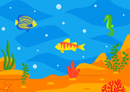 Cartoon underwater landscape. Sea and ocean underwater, game level vector background with coral reefs and marine animals. Underwater bottom with algae, starfish and fishのイラスト素材