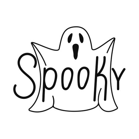 Happy Halloween card. Scary ghost. Halloween poster card with ghosts. Happy Halloween card with hand lettering. Halloween design. Holiday greetings card.のイラスト素材
