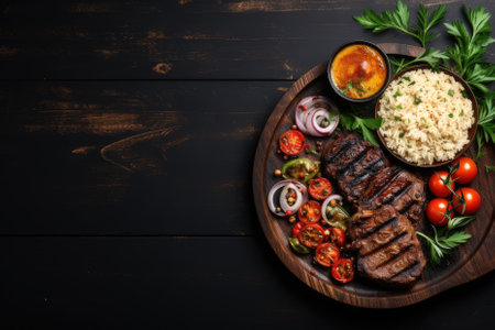 Plate of food top view. Grilled meat with rice, vegetables and herbs. Template with revenge for textの素材