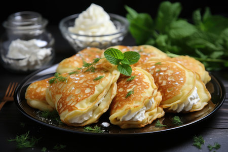 Pancakes with cottage cheese and mint. Thin pancakes with fillings. Maslenitsa.の素材