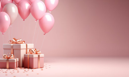 Festive background in pink tones. Gifts and balloons on the floorの素材