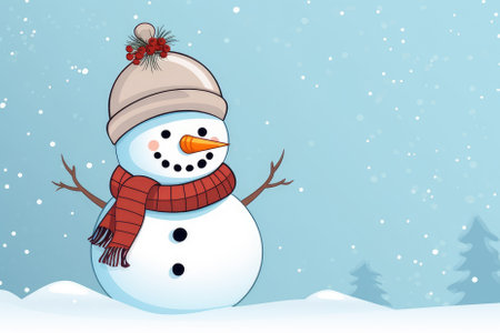 Merry Christmas and New Year greeting card with copy space. Cute snowman on a blue background.の素材