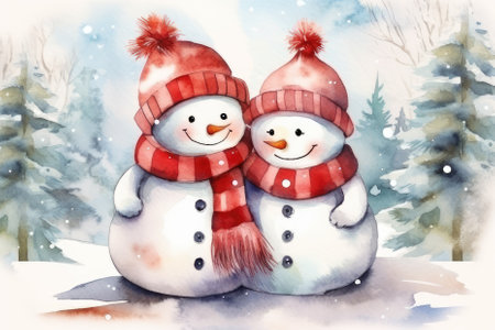 Watercolor illustration Christmas banner two snowmen in hats in the forest.の素材