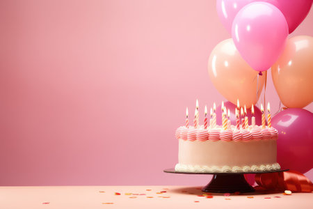 Pink background with copy space. Festive cake with candles and colorful balloons. Birthday card template, bannerの素材
