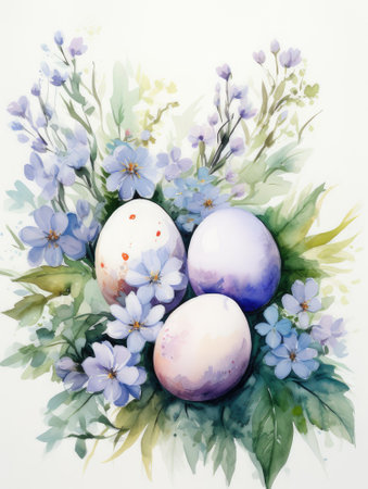 Watercolor composition with blue flowers and Easter eggs.の素材