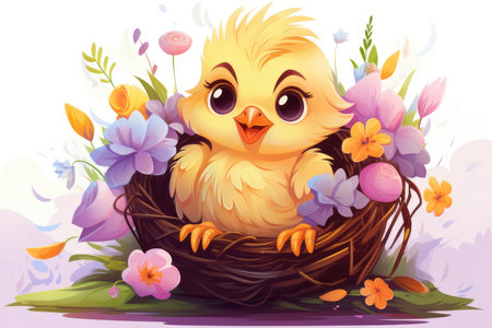 Illustration of a yellow cute chick in a nest. Flowers, spring, summer. Postcard template.の素材