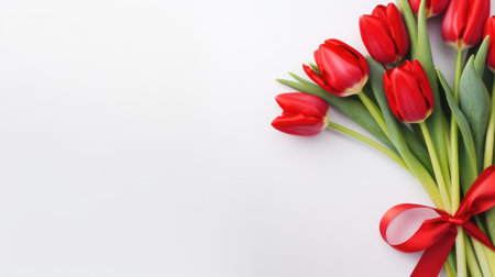 A bouquet of fresh red tulips tied with a ribbon on a white background with copy space.の素材