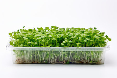 Microgreens - grown arugula in a transparent plastic container, isolated on a white background, top view. Micro Green sprouts, sprouted seeds, young shoots, seedlings. Close-up.の素材
