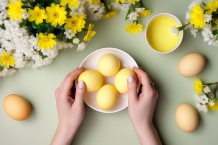 Yellow Easter eggs. Paint. View from aboveの素材