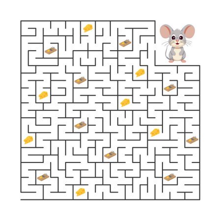 Vector illustration. Childrens puzzle. Help the mouse collect cheese and find a way out of the maze without falling into a mousetrapのイラスト素材