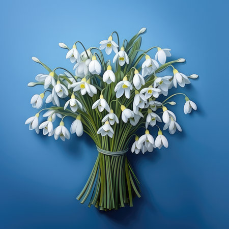 Large bouquet of white snowdrops on a blue backgroundの素材