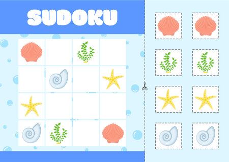 Childrens logic game - Sudoku with pictures on a marine theme. Algae, shells. Vector illustration.のイラスト素材