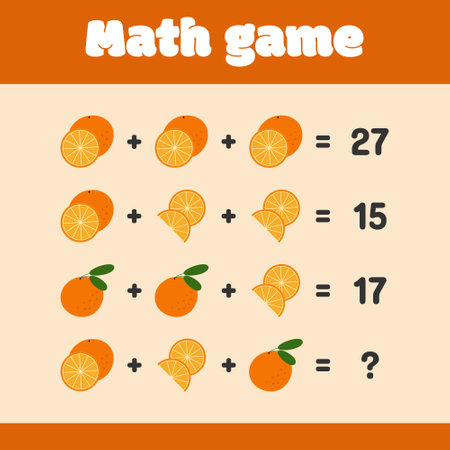 Math educational game with oranges for children. Logical thinking, vector illustrationのイラスト素材