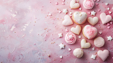 On a delightful pink background, one can find a wide variety of different types of candy, all creatively shaped like heartsの素材