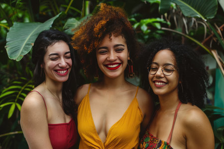 Three smiling women are standing together, posing for a beautiful picture with a vibrant and lush green forest in the backgroundの素材
