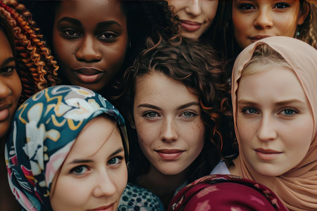 A diverse group of women are happily posing for a beautiful picture together, showing their unique features and styles with joyの素材
