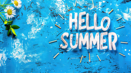 A bright blue background with hello summer joyfully written on itの素材