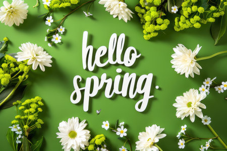 Imagine a vibrant green background decorated with bright white flowers, beautifully complemented by the cheerful words saying, Hello Spring. AI-generated content.の素材